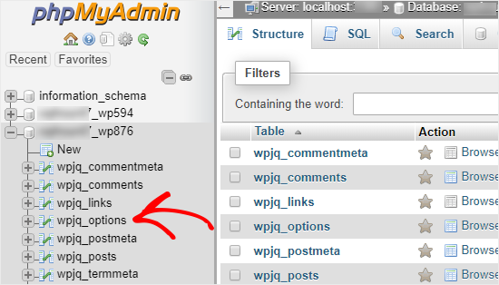 phpMyAdmin open database and table